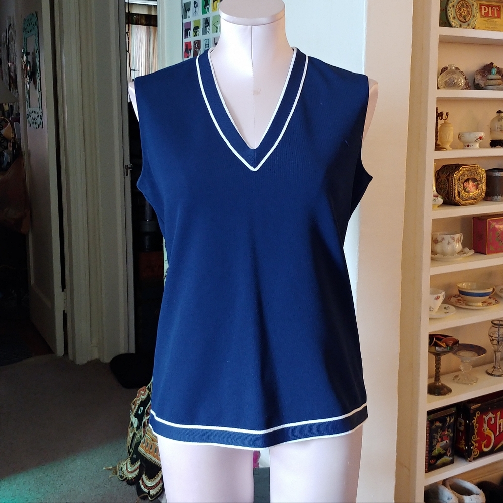 Vintage V Neck Tank Top Blue with White Striped Trim Back Zip